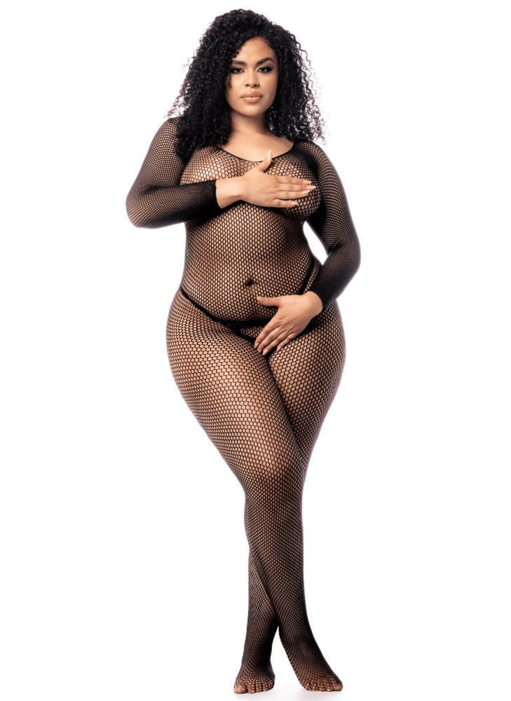 Combinaison grande taille manches longues en résille noire - MAL1102XBLK